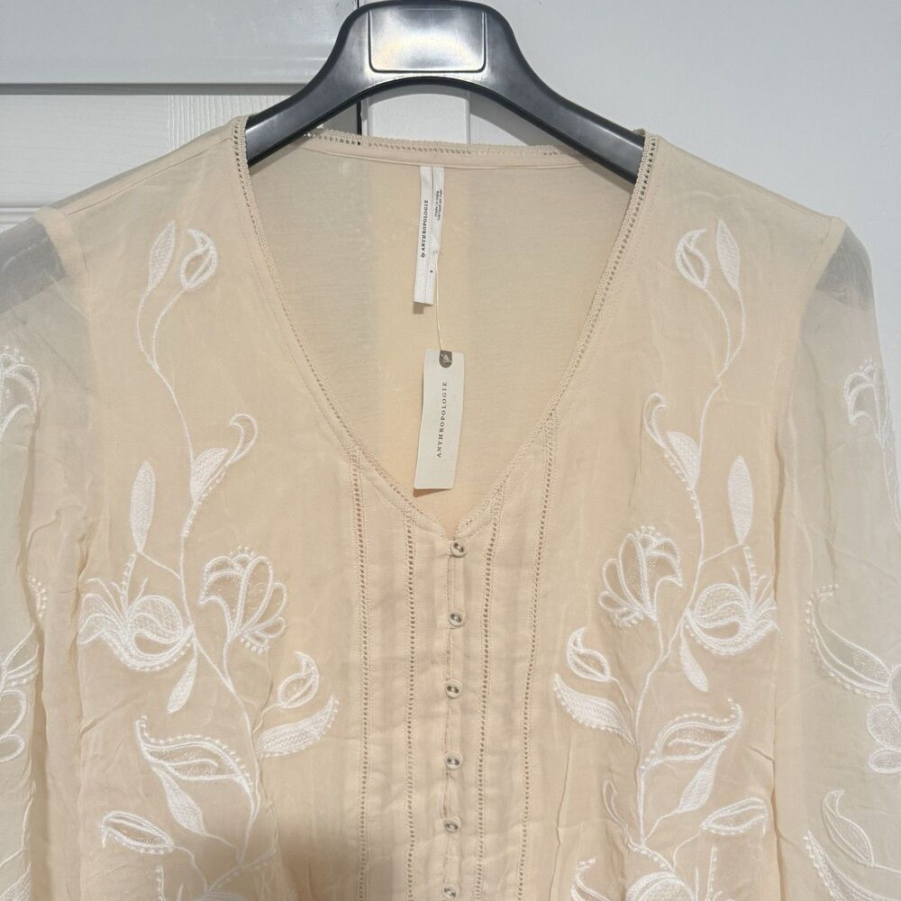 Anthropologie Top Women’s Embroidered Floral Button Down Creme Sz S NWT - Picture 5 of 11